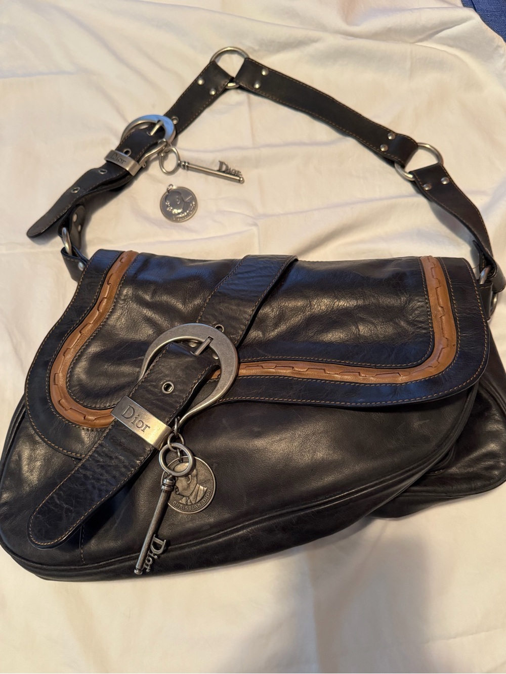 Dior Black Leather Shoulder Bag with Brown Trim and Key Charm